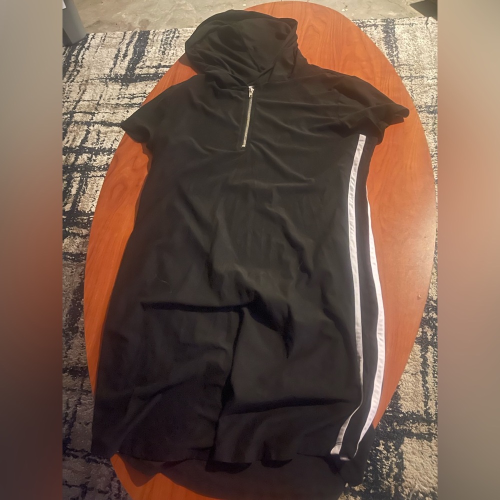 Black Hooded Short Sleeve Dress with Side Stripe